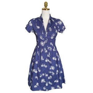 Anthropologie Porridge Blue Bicycle Wheels Print Fit & FlarevCotton Dress Size 2